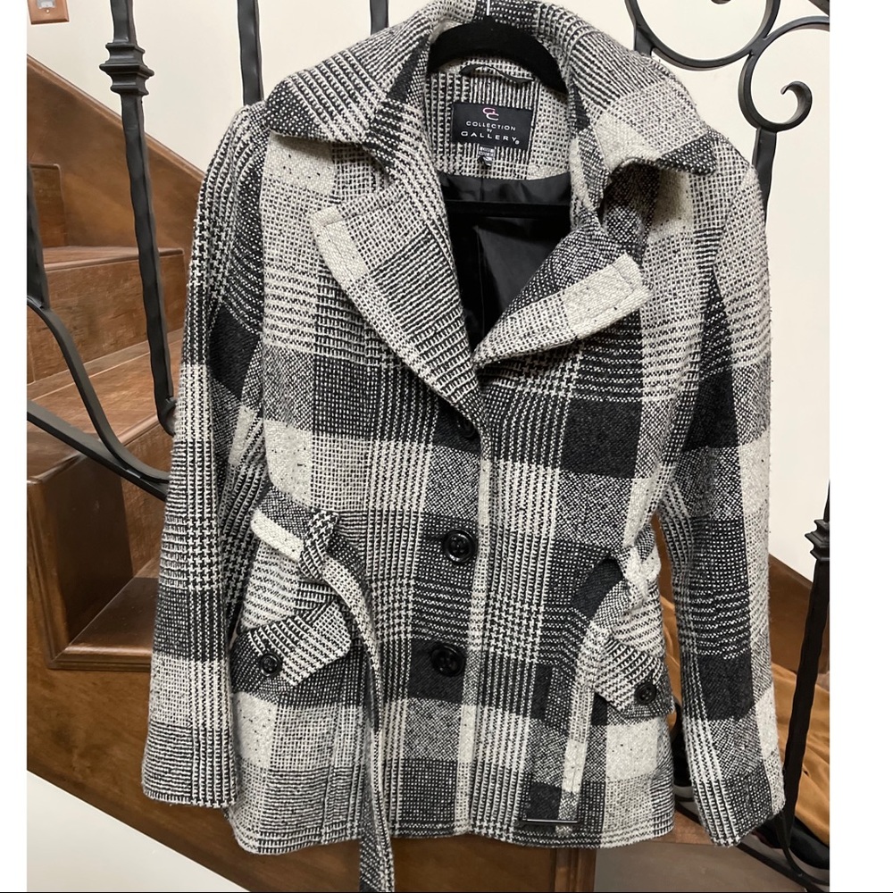 Plaid Wool Blend Pea Coat small black white